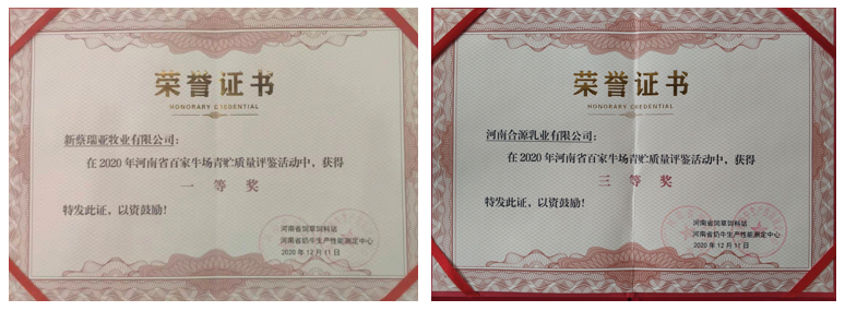 榮譽(yù) | “百家牛場青貯質(zhì)量評鑒活動”花花牛新蔡瑞亞牧業(yè)、河南合源乳業(yè)分別榮獲一、三等獎